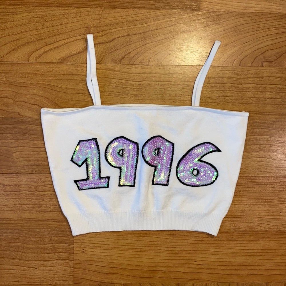 1996 Holographic Purple Sequin Graphic Knit Crop Top